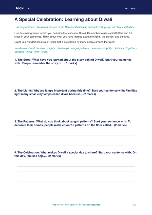 Free Diwali Writing Frame | Year 2 Core | BookFlik worksheet preview — Re Diwali