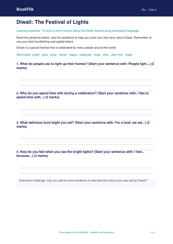 Free Diwali Writing Frame | Year 2 Supported | BookFlik worksheet preview — Re Diwali