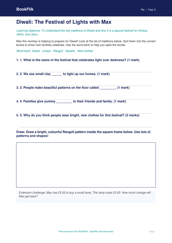 Free Diwali Activity Sheet | Year 3 Supported | BookFlik worksheet preview — Re Diwali