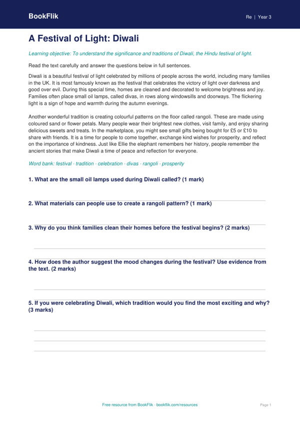 Free Diwali Comprehension | Year 3 Core | BookFlik worksheet preview — Re Diwali