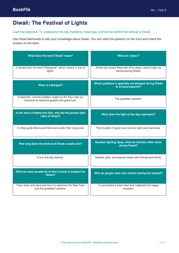Free Diwali Flashcards | Year 3 Core | BookFlik worksheet preview — Re Diwali