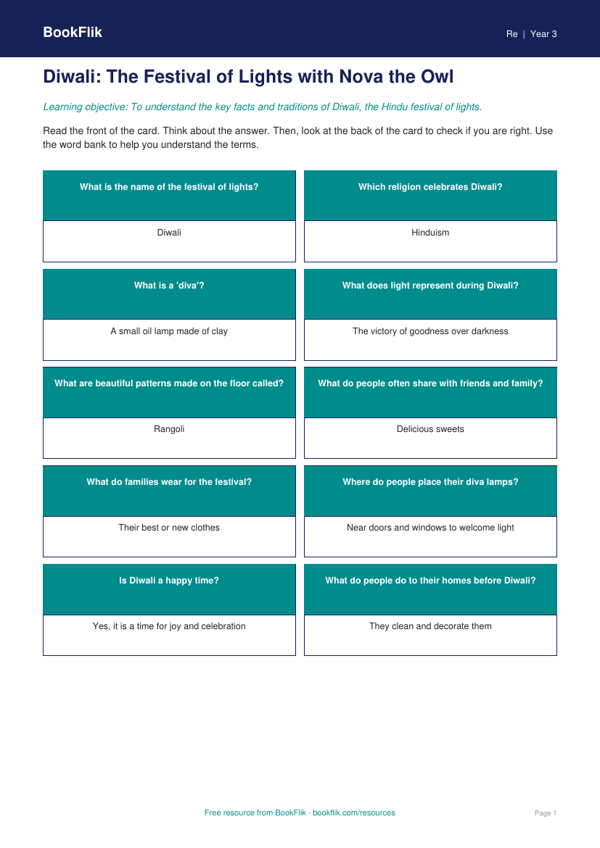 Free Diwali Flashcards | Year 3 Supported | BookFlik worksheet preview — Re Diwali
