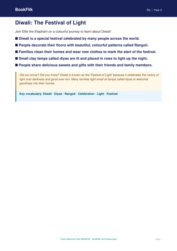 Free Diwali Poster | Year 3 Supported | BookFlik worksheet preview — Re Diwali