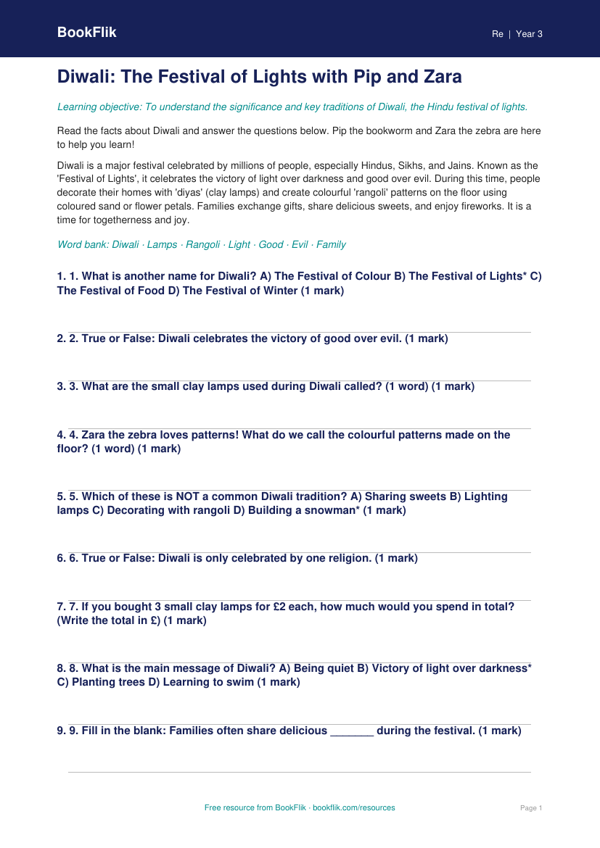 Free Diwali Quiz | Year 3 Core | BookFlik worksheet preview — Re Diwali