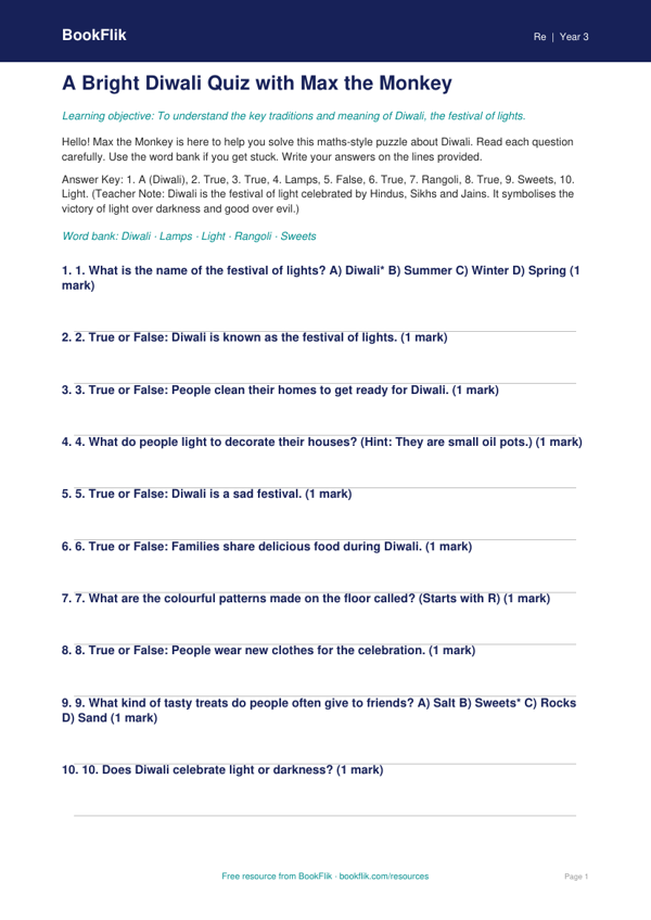Free Diwali Quiz | Year 3 Supported | BookFlik worksheet preview — Re Diwali