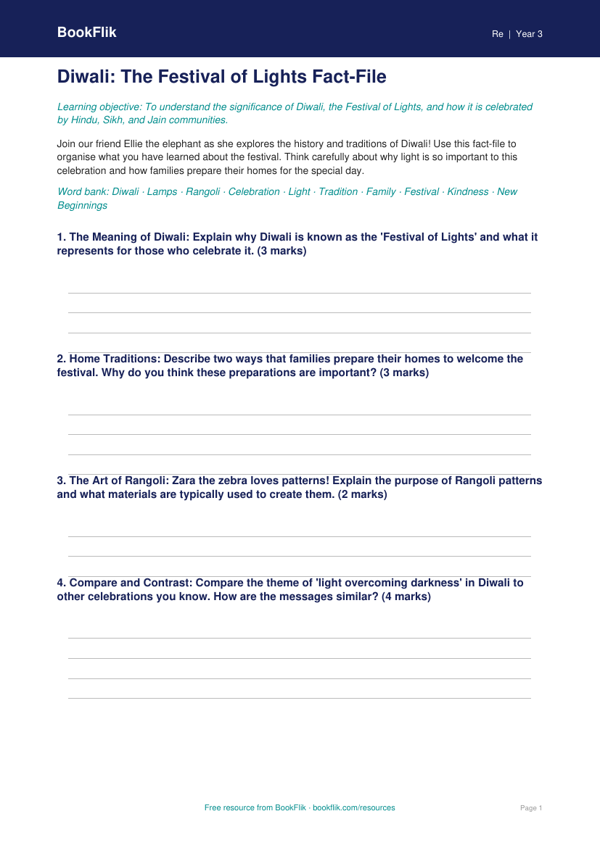Free Diwali Template | Year 3 Greater Depth | BookFlik worksheet preview — Re Diwali