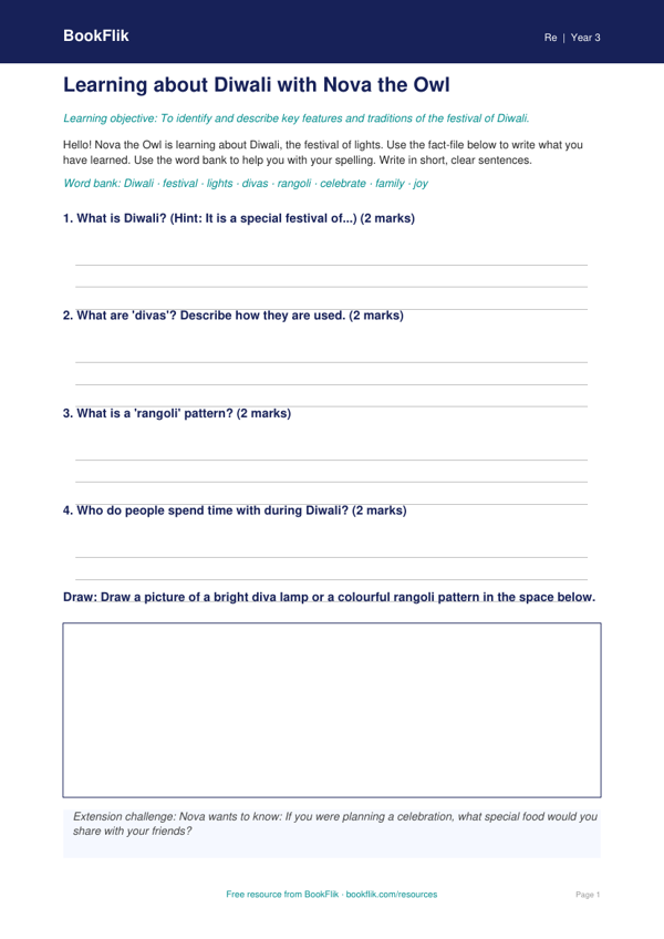 Free Diwali Template | Year 3 Supported | BookFlik worksheet preview — Re Diwali