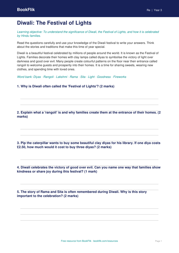 Free Diwali Worksheet | Year 3 Core | BookFlik worksheet preview — Re Diwali