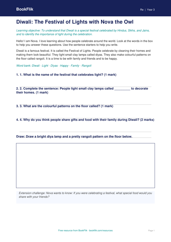 Free Diwali Worksheet | Year 3 Supported | BookFlik worksheet preview — Re Diwali