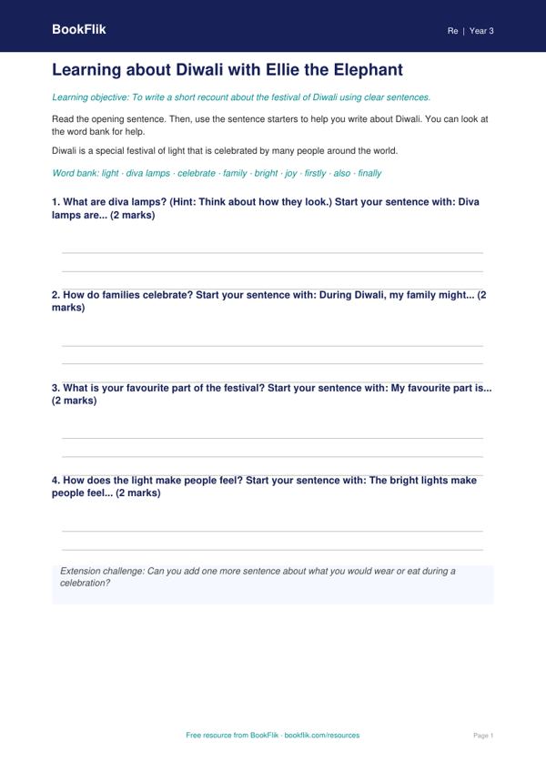 Free Diwali Writing Frame | Year 3 Supported | BookFlik worksheet preview — Re Diwali
