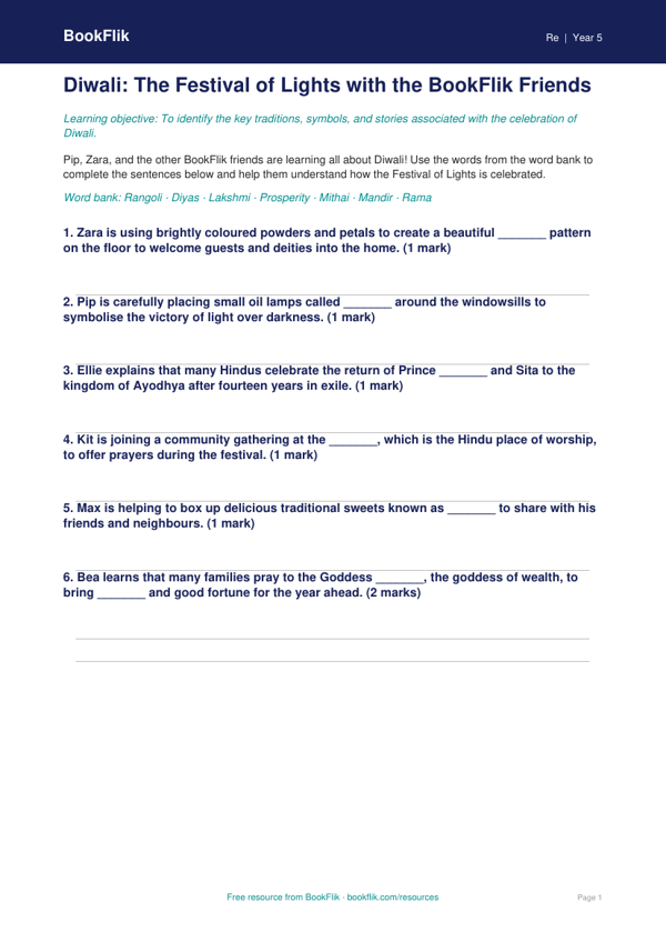 Free Diwali Activity Sheet | Year 5 Core | BookFlik worksheet preview — Re Diwali