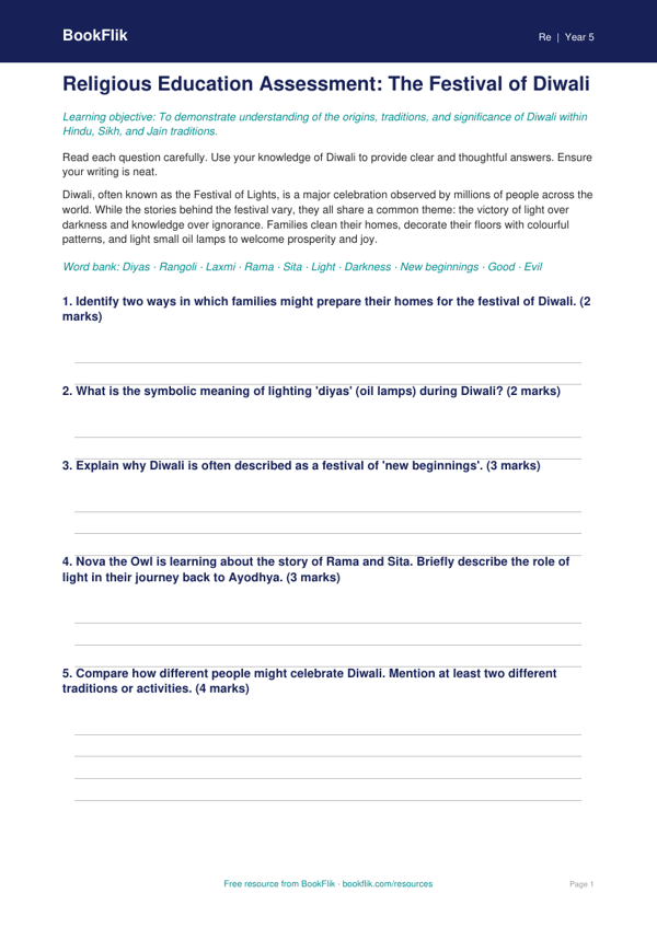 Free Diwali Assessment | Year 5 Core | BookFlik worksheet preview — Re Diwali