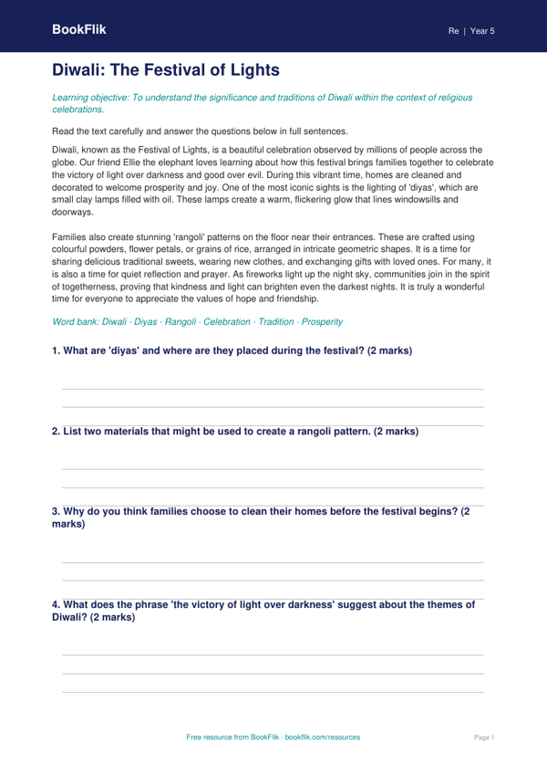 Free Diwali Comprehension | Year 5 Core | BookFlik worksheet preview — Re Diwali