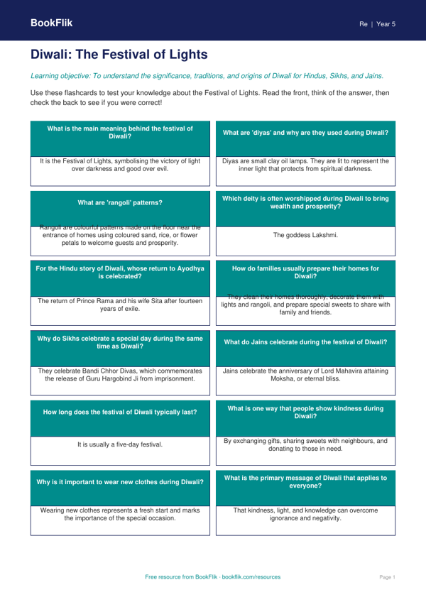 Free Diwali Flashcards | Year 5 Core | BookFlik worksheet preview — Re Diwali