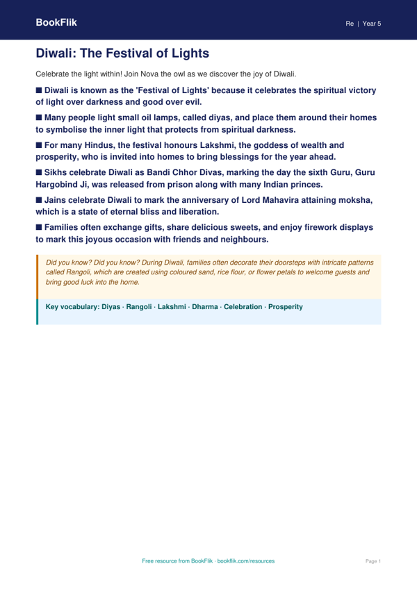 Free Diwali Poster | Year 5 Core | BookFlik worksheet preview — Re Diwali