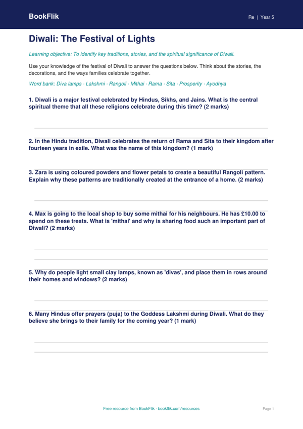 Free Diwali Worksheet | Year 5 Core | BookFlik worksheet preview — Re Diwali