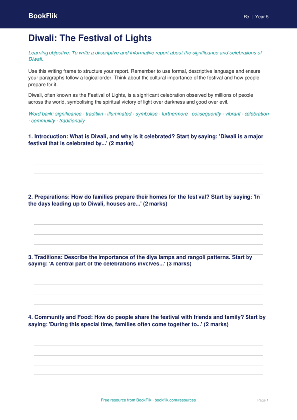 Free Diwali Writing Frame | Year 5 Core | BookFlik worksheet preview — Re Diwali