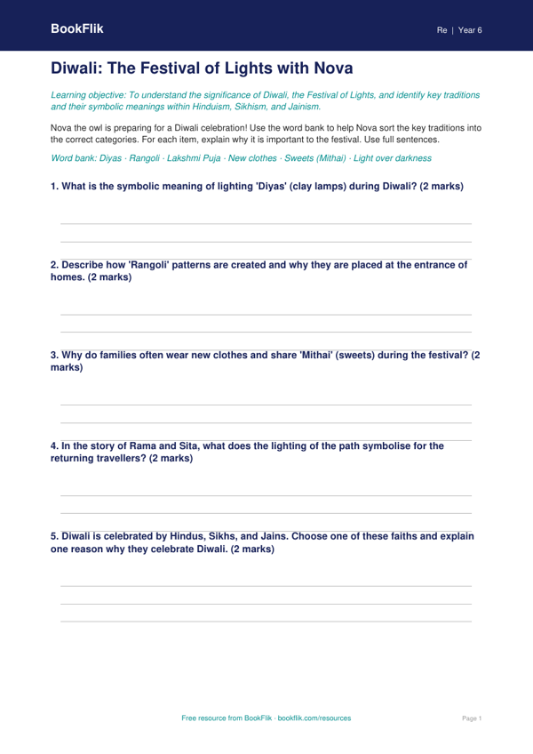 Free Diwali Activity Sheet | Year 6 Core | BookFlik worksheet preview — Re Diwali