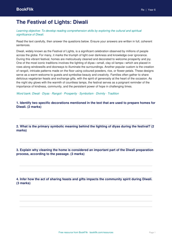 Free Diwali Comprehension | Year 6 Greater Depth | BookFlik worksheet preview — Re Diwali