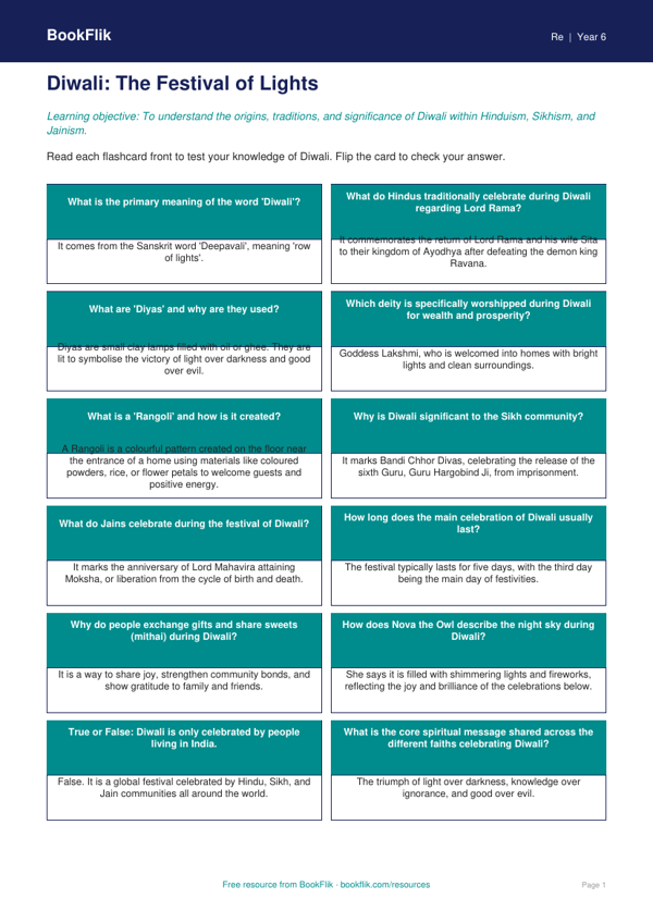 Free Diwali Flashcards | Year 6 Core | BookFlik worksheet preview — Re Diwali