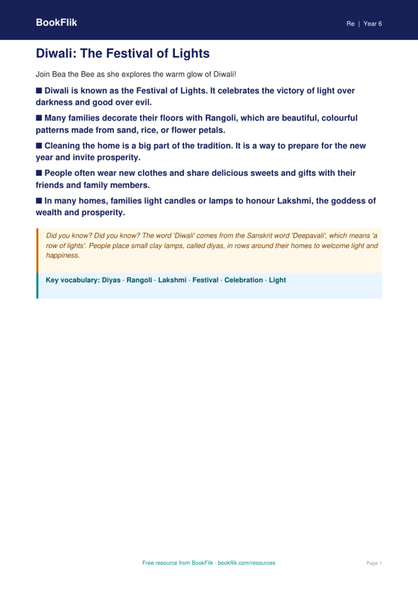 Free Diwali Poster | Year 6 Supported | BookFlik worksheet preview — Re Diwali
