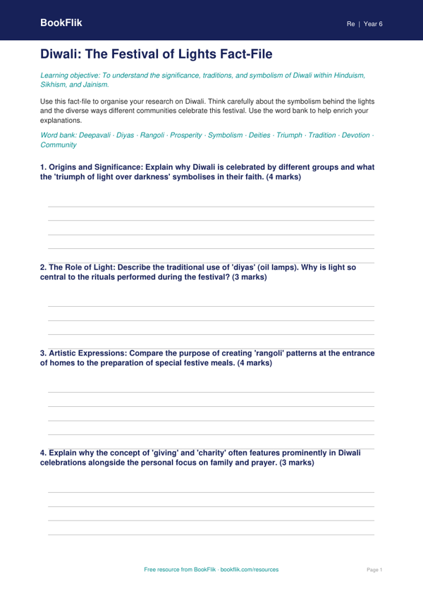 Free Diwali Template | Year 6 Greater Depth | BookFlik worksheet preview — Re Diwali