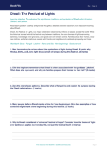 Free Diwali Worksheet | Year 6 Core | BookFlik