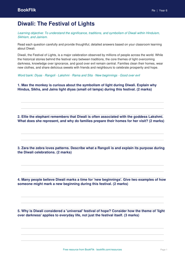 Free Diwali Worksheet | Year 6 Core | BookFlik worksheet preview — Re Diwali