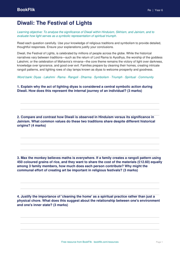 Free Diwali Worksheet | Year 6 Greater Depth | BookFlik worksheet preview — Re Diwali