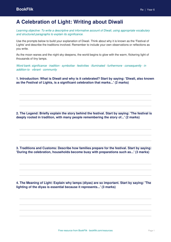 Free Diwali Writing Frame | Year 6 Core | BookFlik worksheet preview — Re Diwali