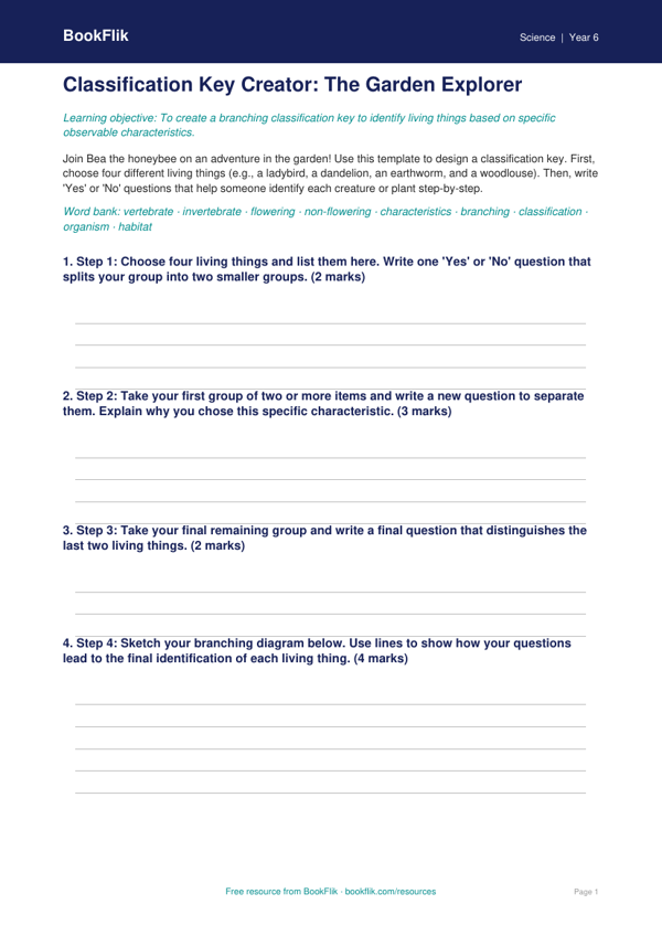 Free Classification Keys Template | Year 6 Science | BookFlik worksheet preview — Science Classification Keys
