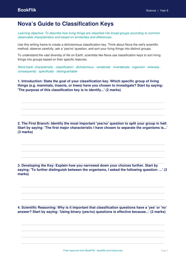 Free Classification Keys Writing Frame | Year 6 Core | BookFlik worksheet preview — Science Classification Keys