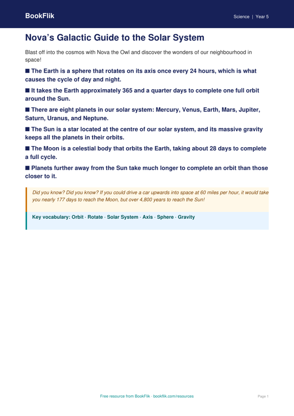 Free Space Poster | Year 5 Core | BookFlik worksheet preview — Science Space