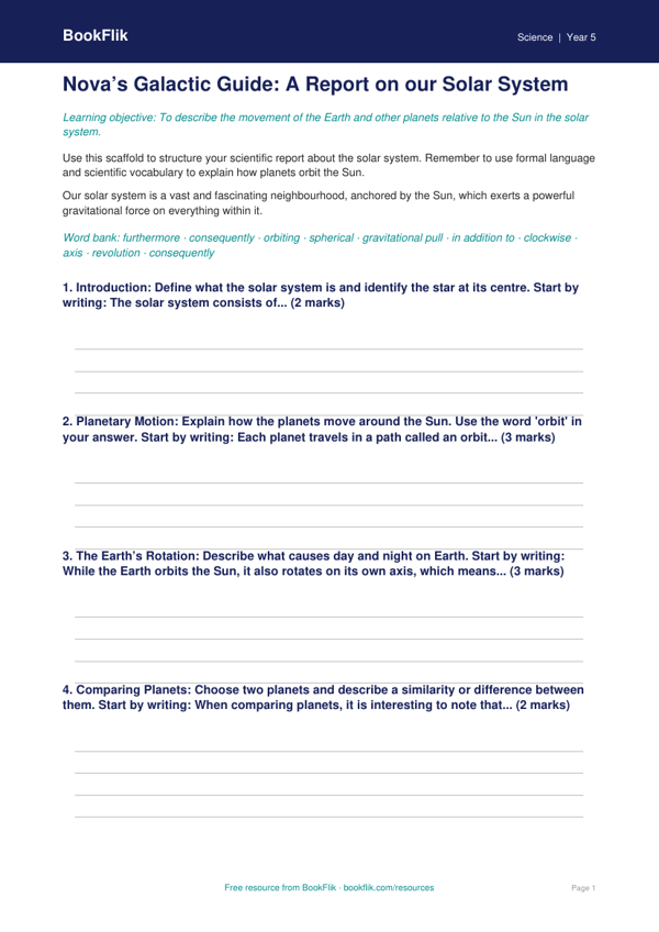 Free Space Writing Frame | Year 5 Core | BookFlik worksheet preview — Science Space