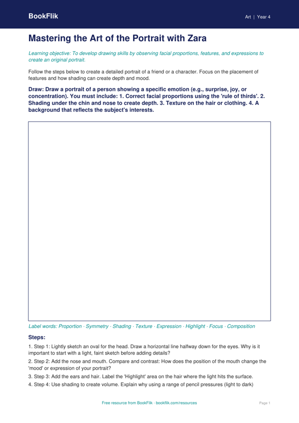 Free Portraits Drawing Sheet | Grade 3 | Art | BookFlik worksheet preview — Art Portraits