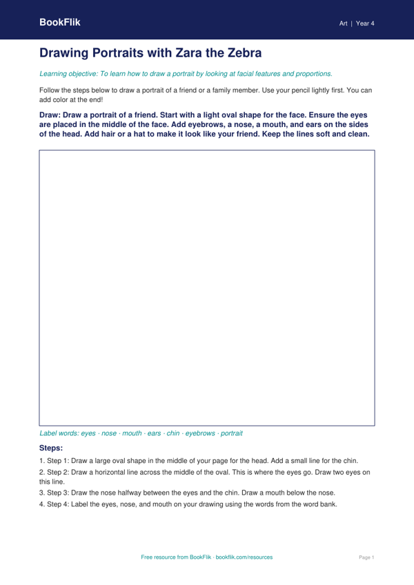 Free Portraits Drawing Sheet | Grade 3 | Art | BookFlik worksheet preview — Art Portraits