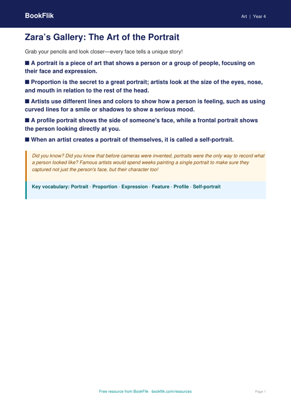 Free Portraits Poster | Grade 3 | Art | BookFlik worksheet preview — Art Portraits