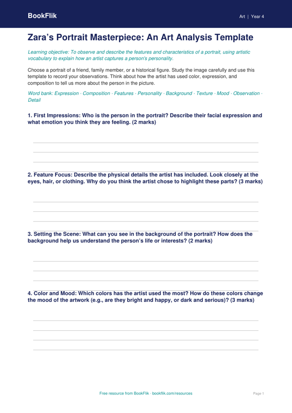 Free Portraits Template | Grade 3 | Art | BookFlik worksheet preview — Art Portraits