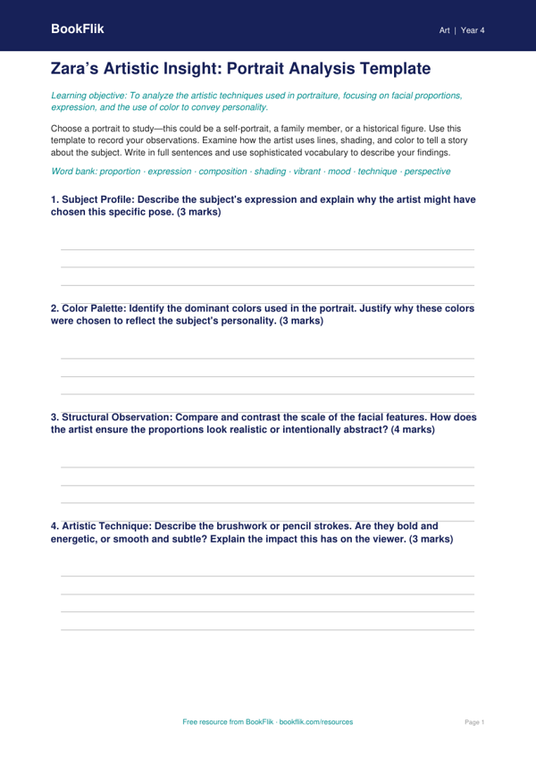 Free Portraits Template | Grade 3 | Art | BookFlik worksheet preview — Art Portraits