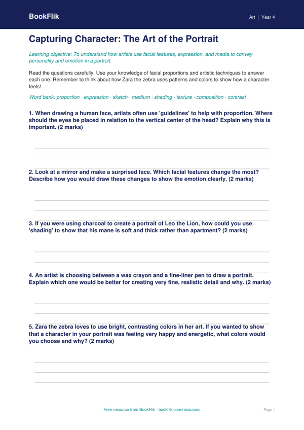 Free Portraits Worksheet | Grade 3 | Art | BookFlik worksheet preview — Art Portraits