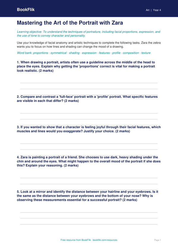 Free Portraits Worksheet | Grade 3 | Art | BookFlik worksheet preview — Art Portraits