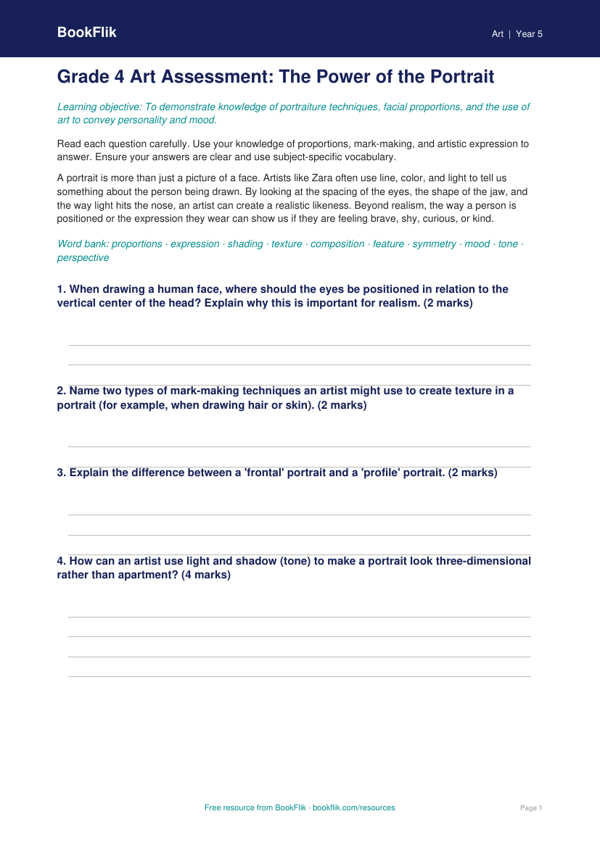 Free Portraits Assessment | Grade 4 | Art | BookFlik worksheet preview — Art Portraits