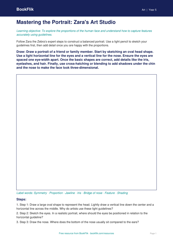 Free Portraits Drawing Sheet | Grade 4 | Art | BookFlik worksheet preview — Art Portraits