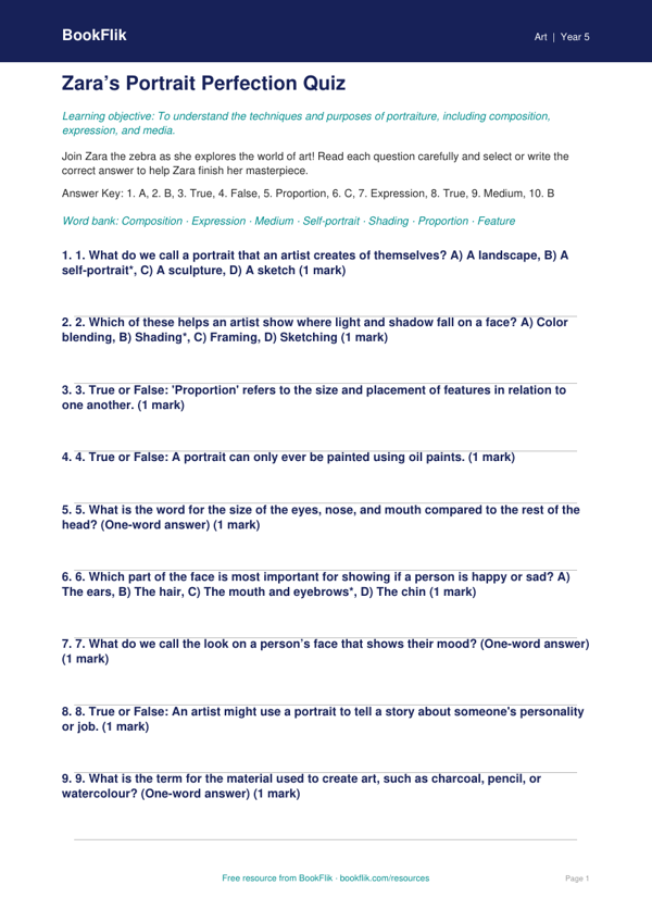 Free Portraits Quiz | Grade 4 | Art | BookFlik worksheet preview — Art Portraits