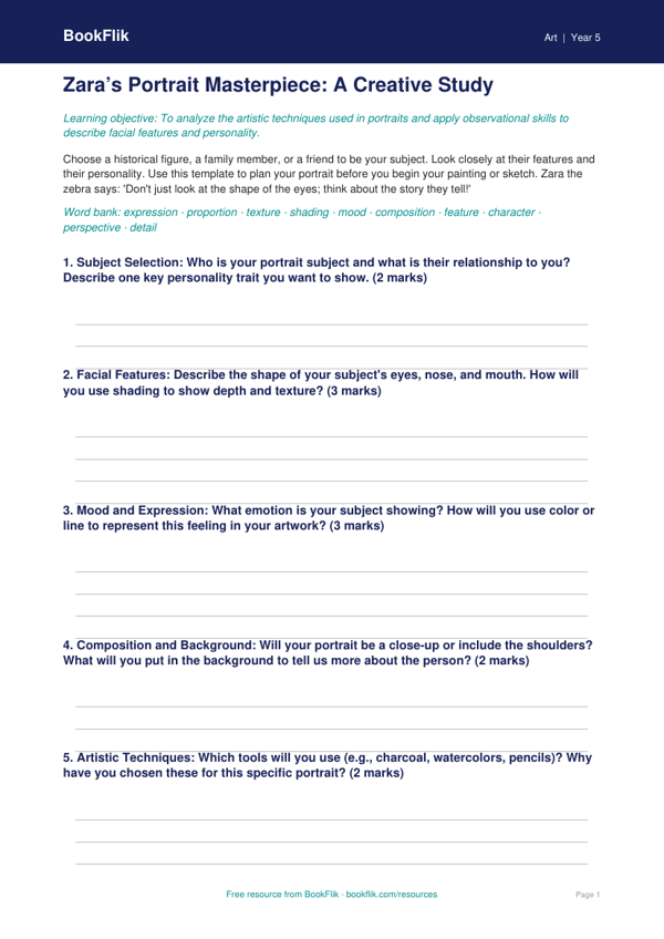 Free Portraits Template | Grade 4 | Art | BookFlik worksheet preview — Art Portraits