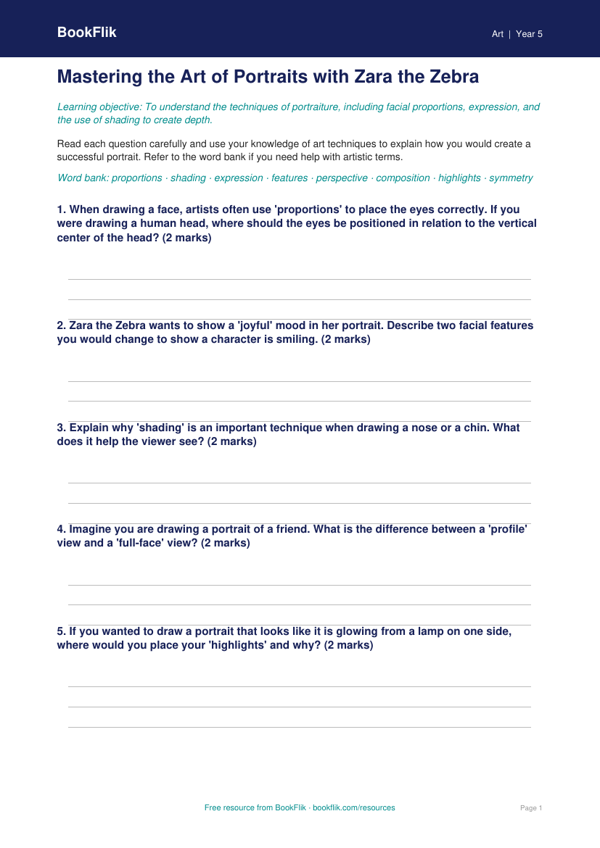 Free Portraits Worksheet | Grade 4 | Art | BookFlik worksheet preview — Art Portraits