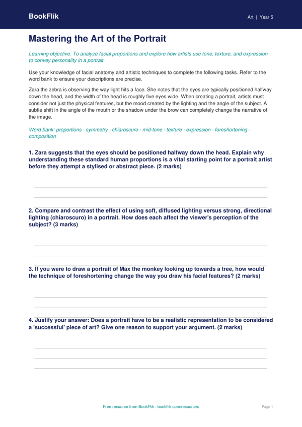 Free Portraits Worksheet | Grade 4 | Art | BookFlik worksheet preview — Art Portraits