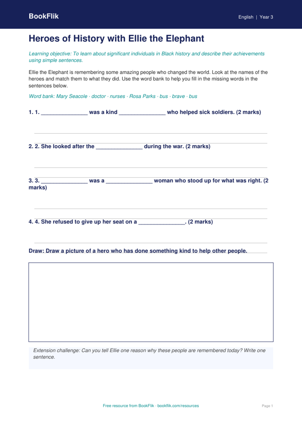 Free Black History Month Activity Sheet | Grade 2 | ELA | BookFlik worksheet preview — English Black History Month