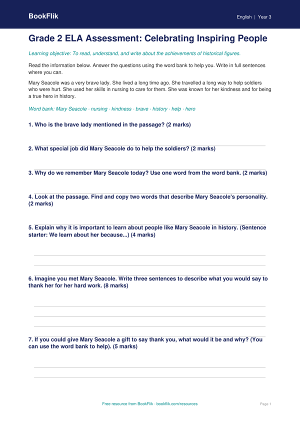 Free Black History Month Assessment | Grade 2 | ELA | BookFlik worksheet preview — English Black History Month