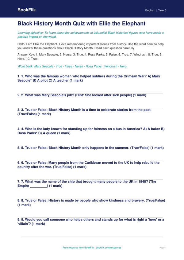 Free Black History Month Quiz | Grade 2 | ELA | BookFlik worksheet preview — English Black History Month